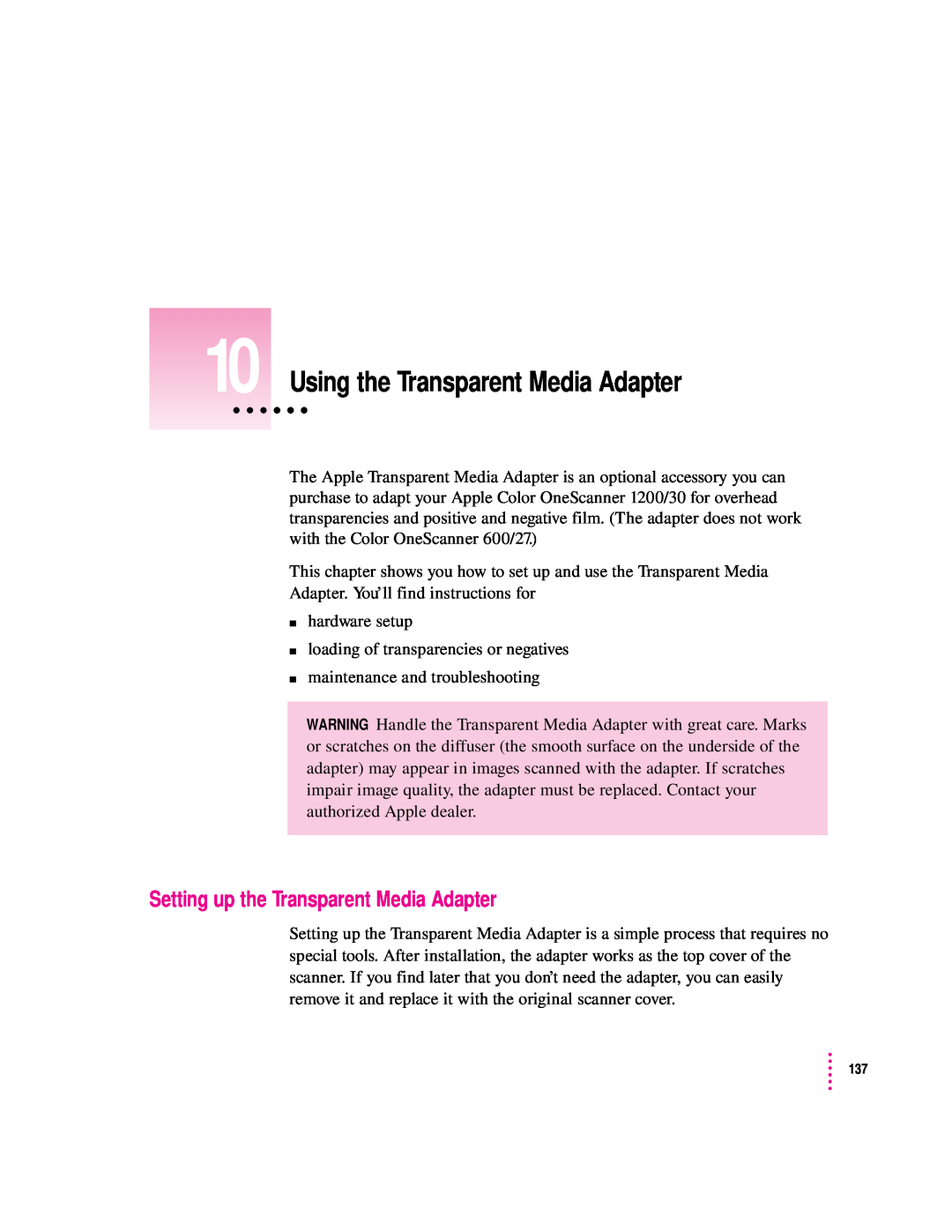 Apple 1230, 627 user manual Using the Transparent Media Adapter, Setting up the Transparent Media Adapter 