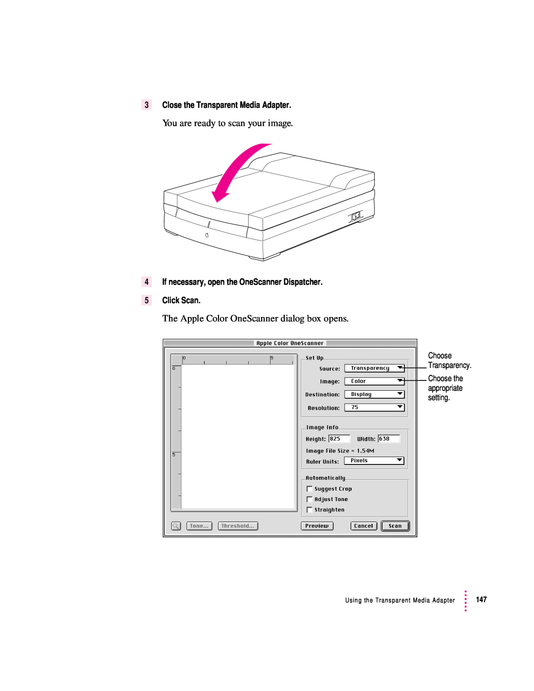 Apple 1230, 627 user manual Close the Transparent Media Adapter, If necessary, open the OneScanner Dispatcher 5 Click Scan 