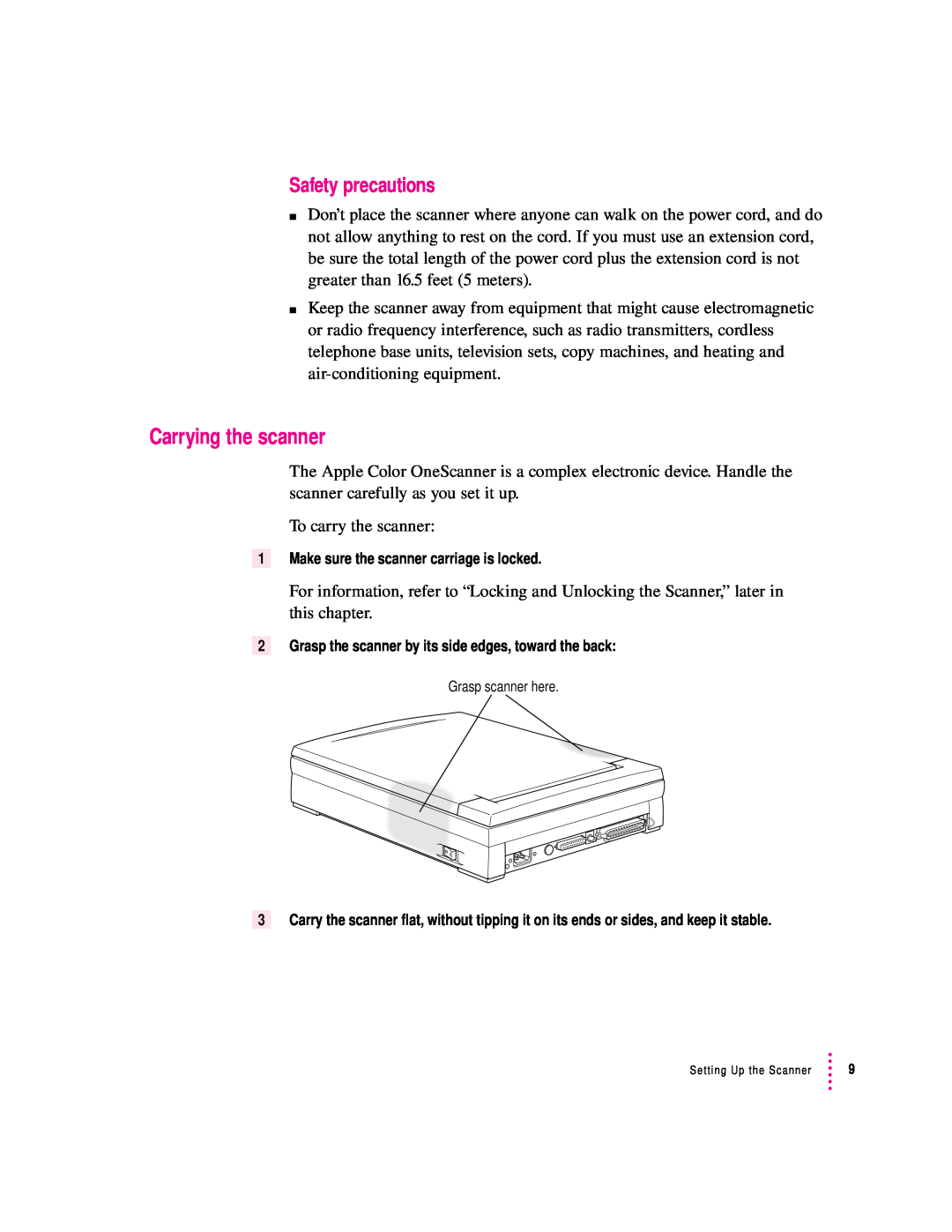 Apple 1230, 627 user manual Carrying the scanner, Safety precautions 