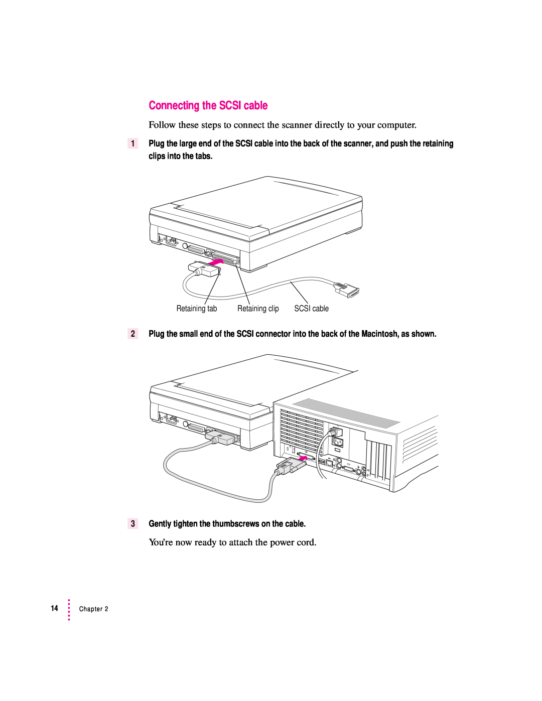 Apple 627, 1230 user manual Connecting the SCSI cable, Follow these steps to connect the scanner directly to your computer 