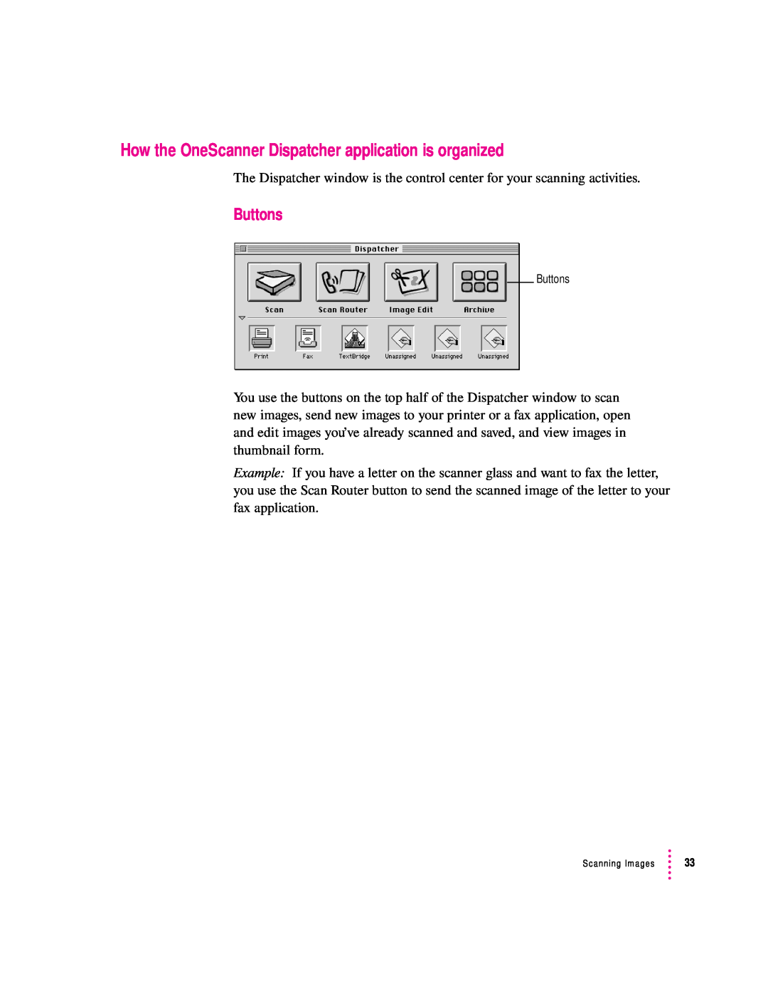 Apple 1230, 627 user manual How the OneScanner Dispatcher application is organized, Buttons 