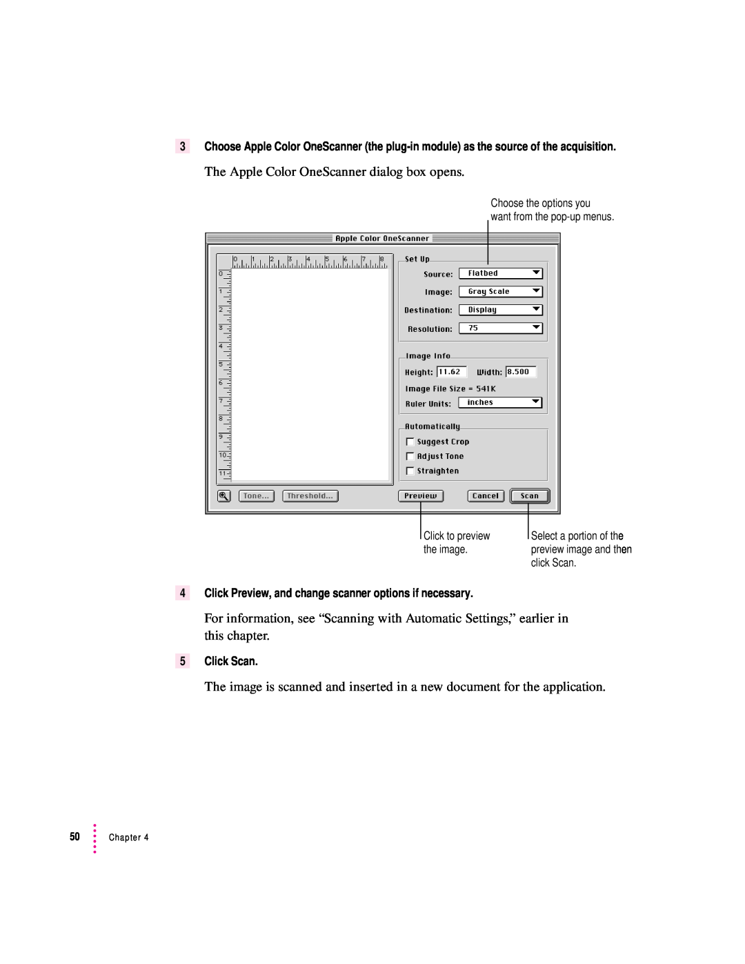 Apple 627, 1230 user manual Click Preview, and change scanner options if necessary, Click Scan 