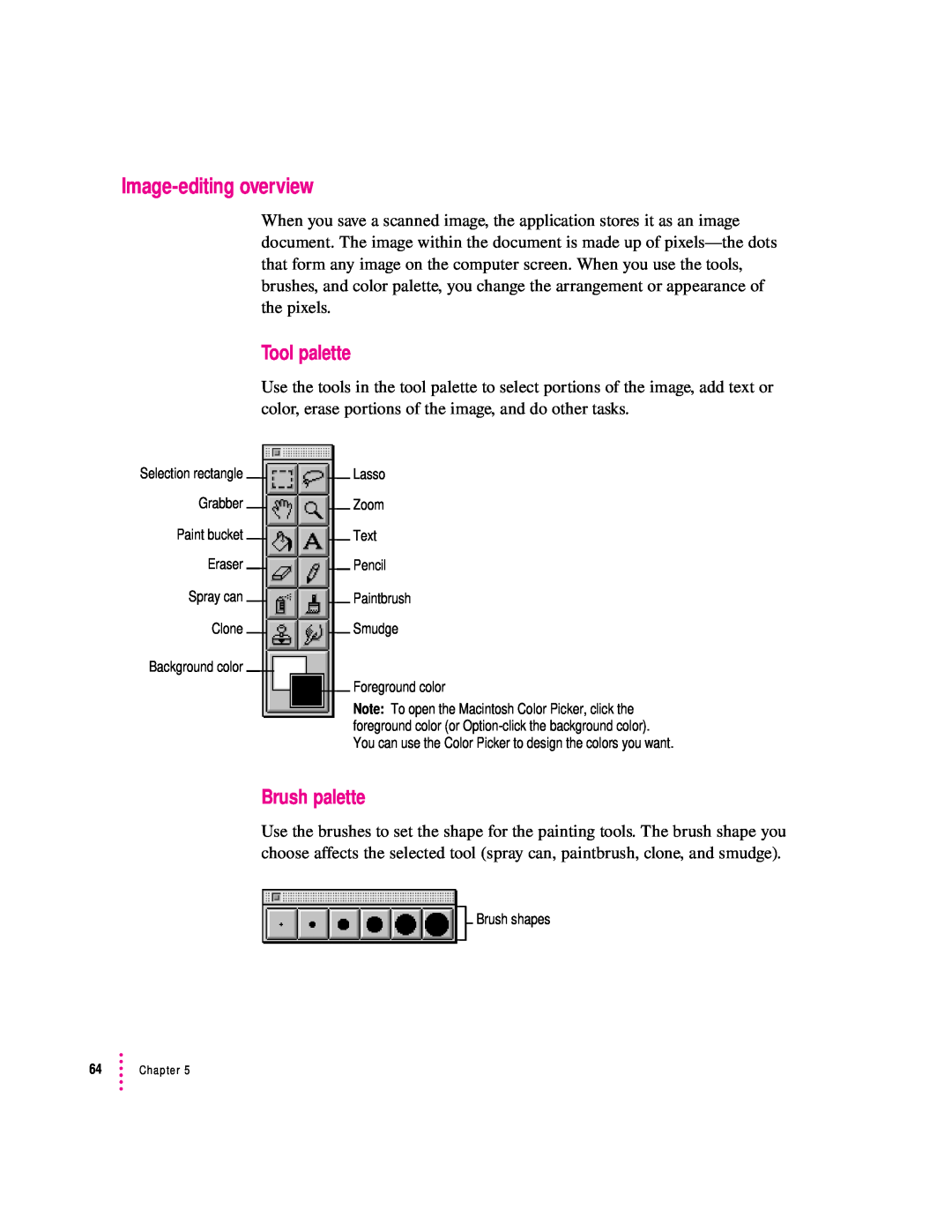 Apple 627, 1230 user manual Image-editing overview, Tool palette, Brush palette 