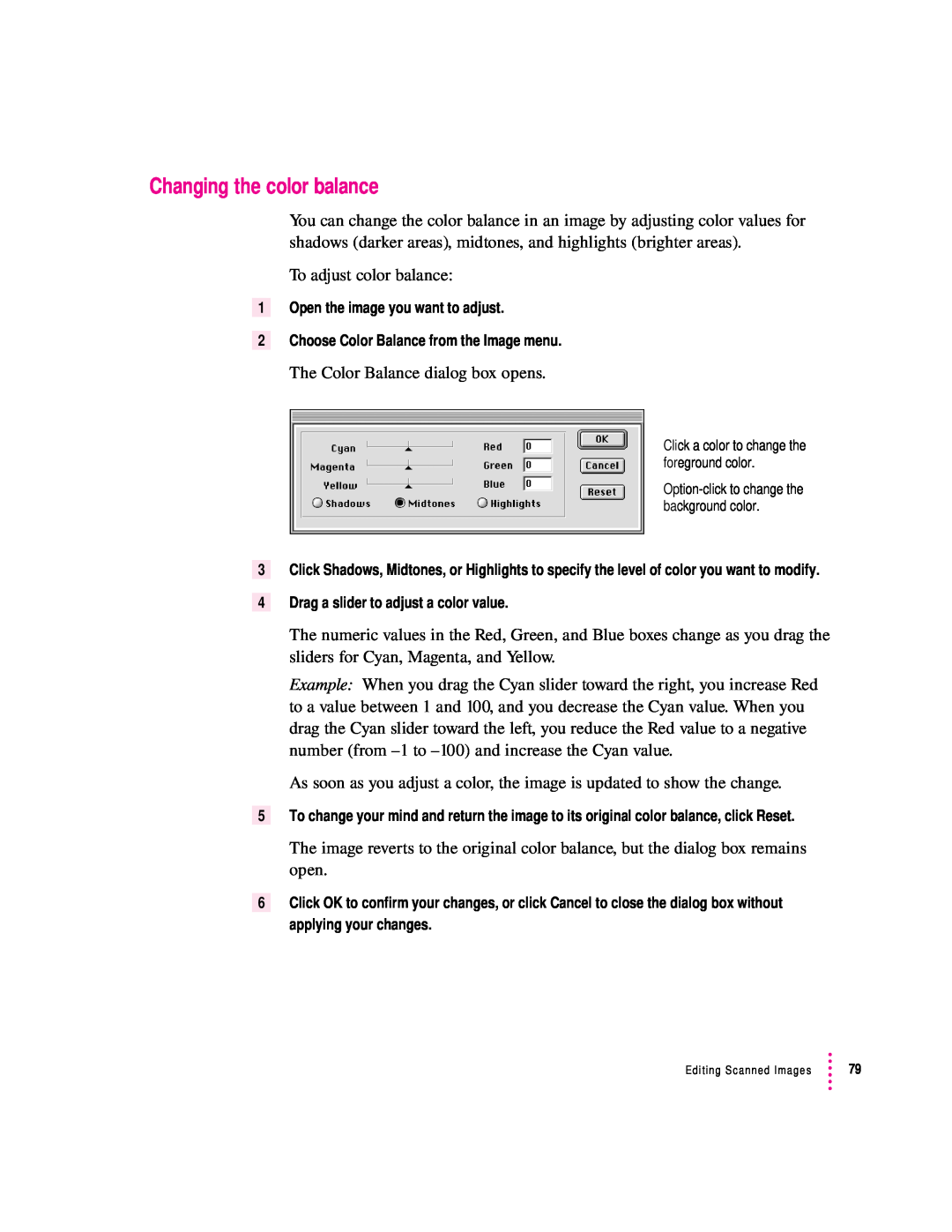Apple 1230, 627 user manual Changing the color balance 