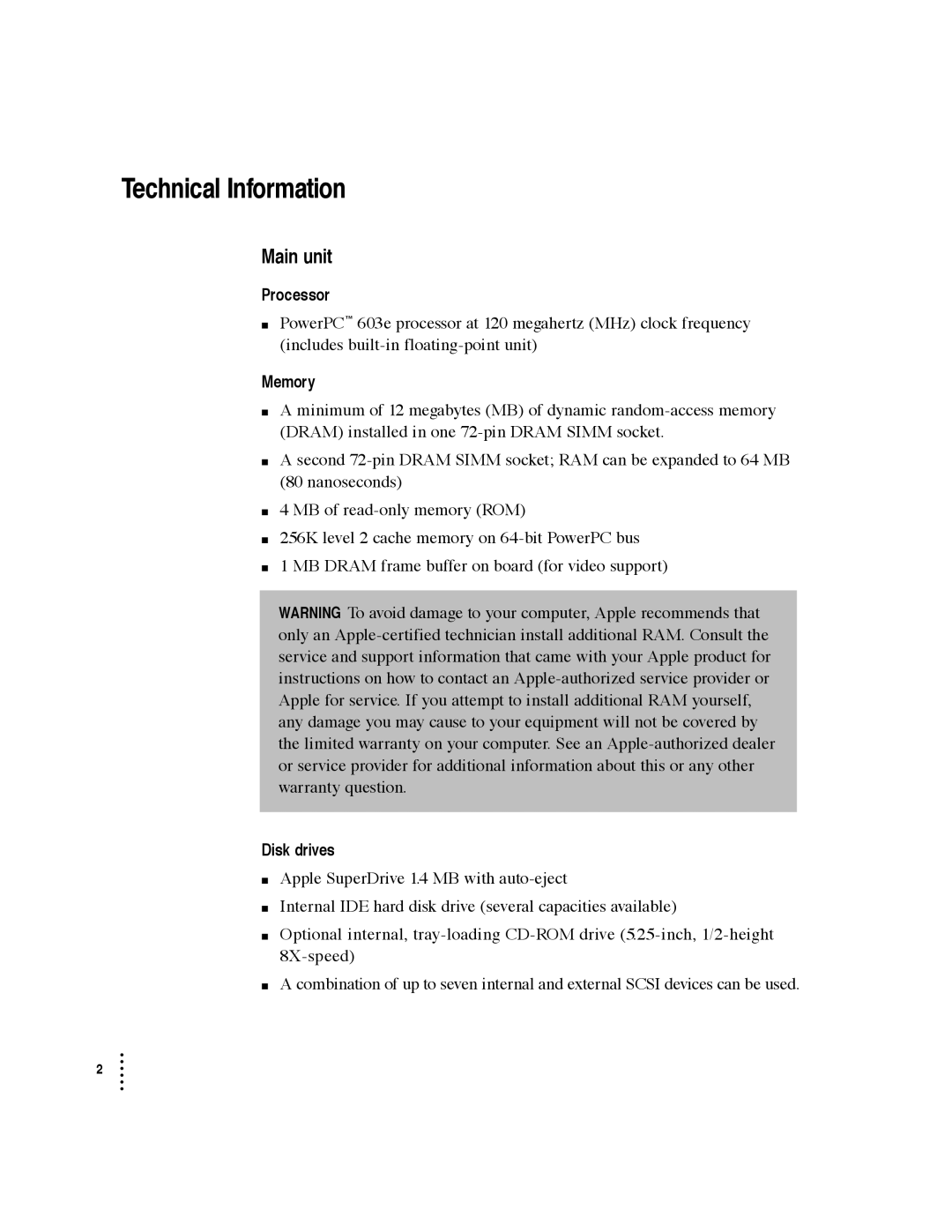 Apple 6300 specifications Main unit, Processor, Memory, Disk drives 