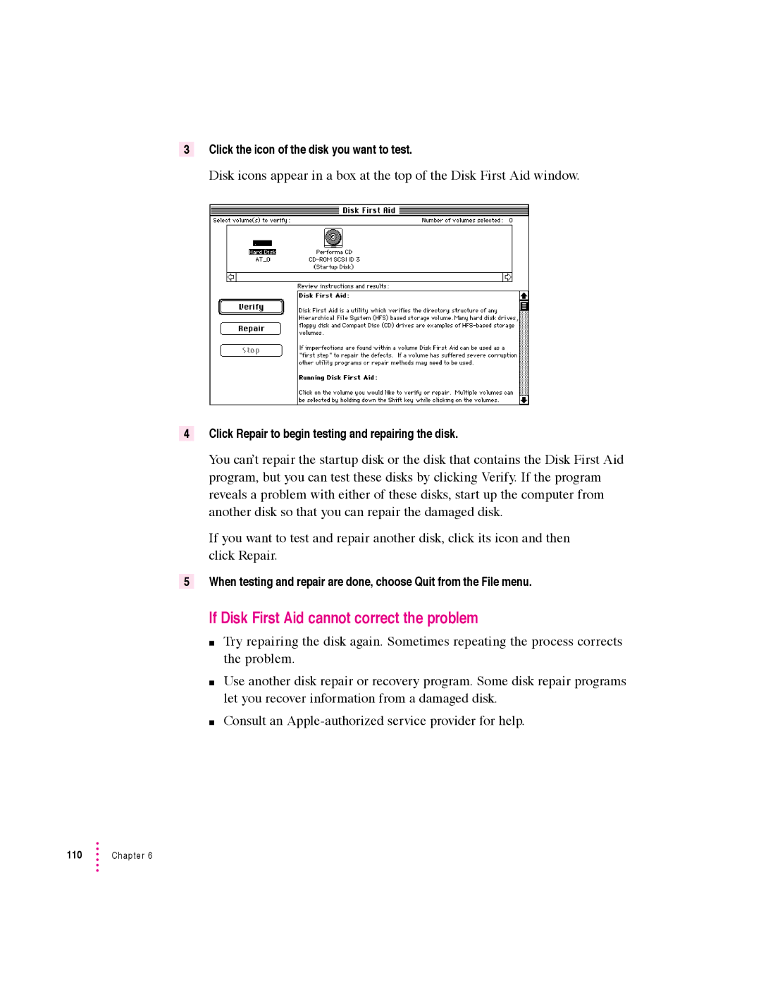 Apple 6360 manual If Disk First Aid cannot correct the problem 