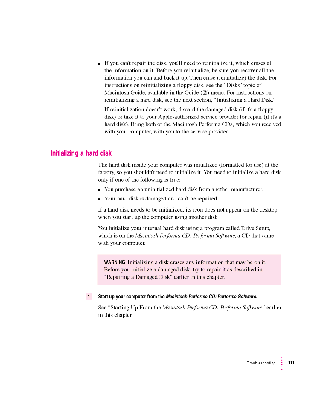 Apple 6360 manual Initializing a hard disk 