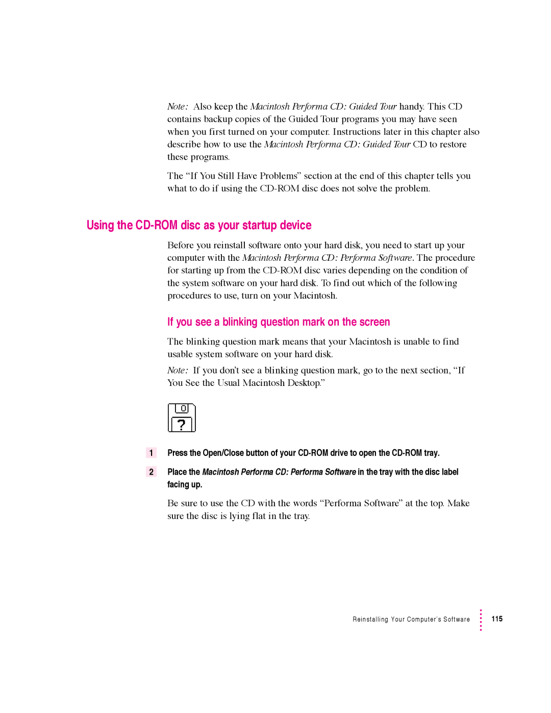 Apple 6360 manual Using the CD-ROM disc as your startup device, If you see a blinking question mark on the screen 