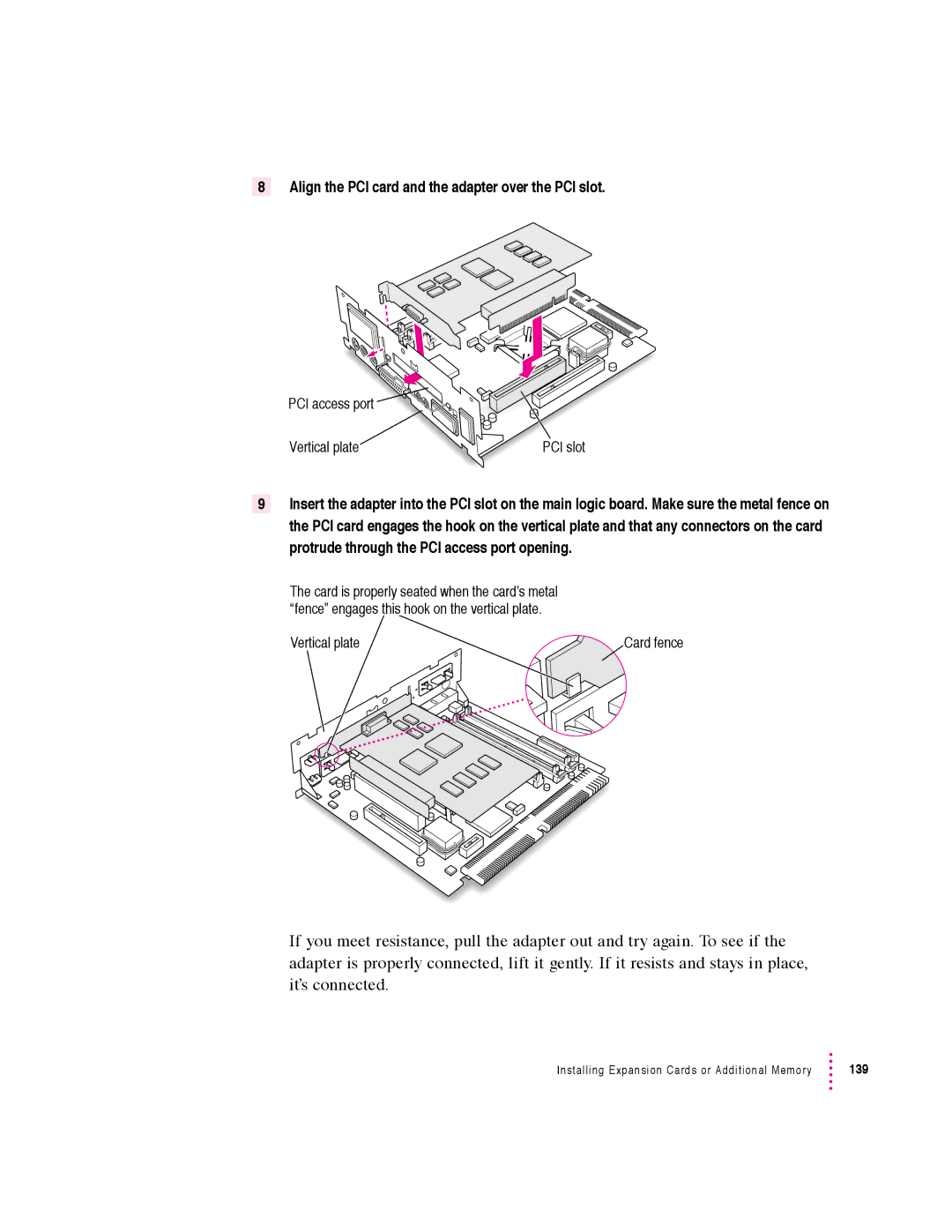 Apple 6360 manual Align the PCI card and the adapter over the PCI slot 