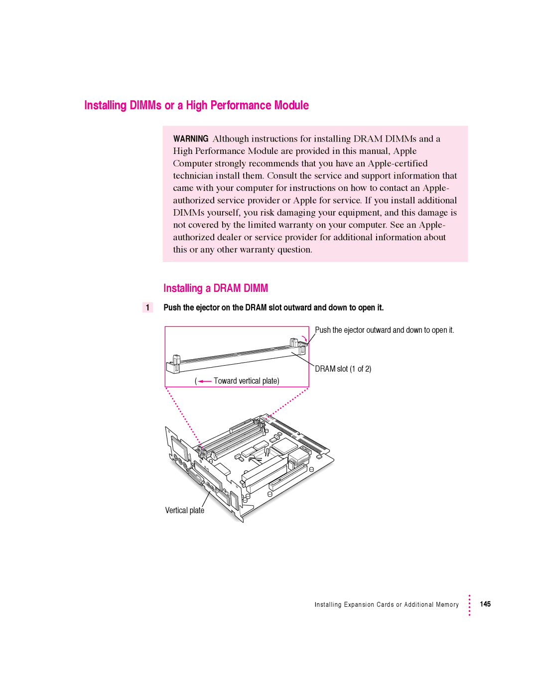 Apple 6360 manual Installing DIMMs or a High Performance Module, Installing a Dram Dimm 