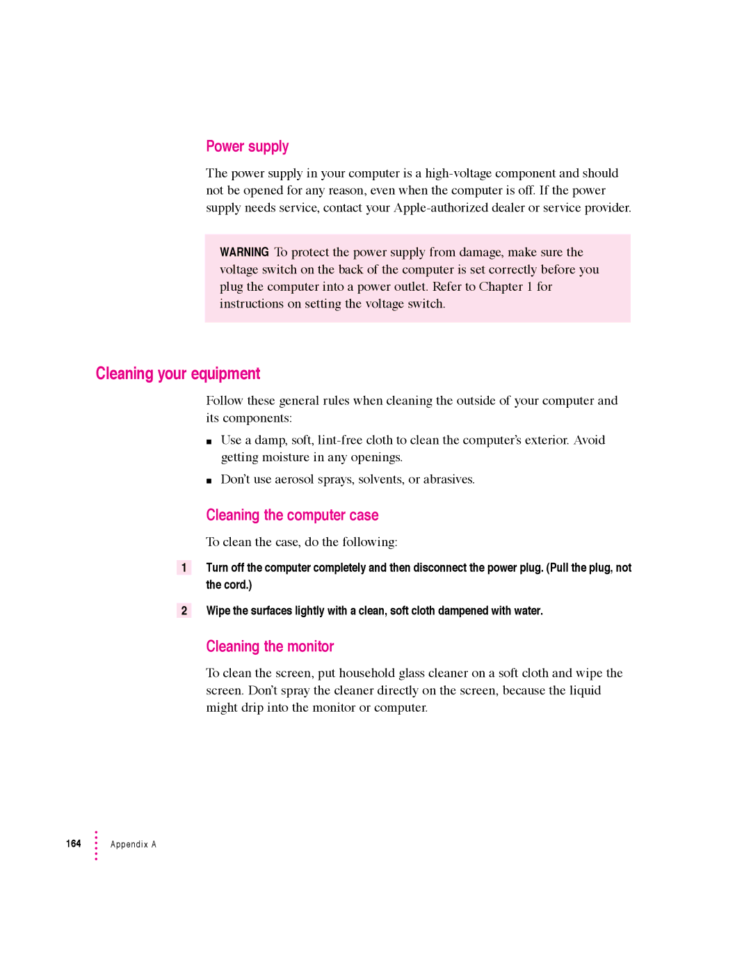 Apple 6360 manual Cleaning your equipment, Power supply, Cleaning the computer case, Cleaning the monitor 