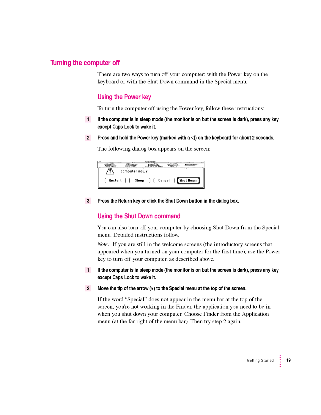 Apple 6360 manual Turning the computer off, Using the Power key, Using the Shut Down command 