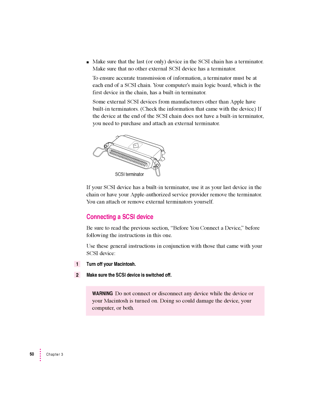 Apple 6360 manual Connecting a Scsi device 