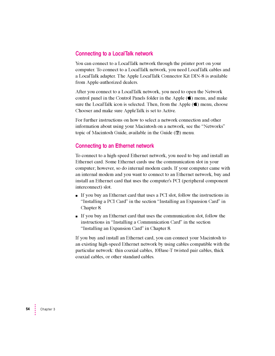 Apple 6360 manual Connecting to a LocalTalk network, Connecting to an Ethernet network 