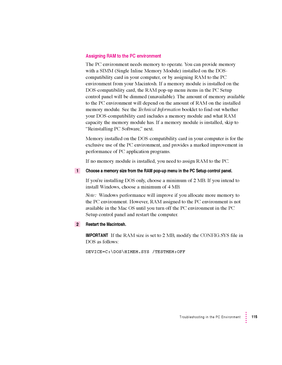 Apple 640 manual Assigning RAM to the PC environment 