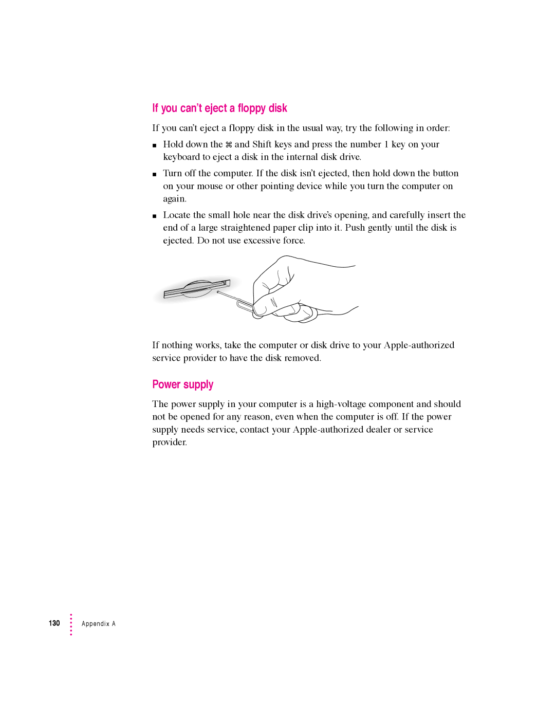 Apple 640 manual If you can’t eject a floppy disk, Power supply 