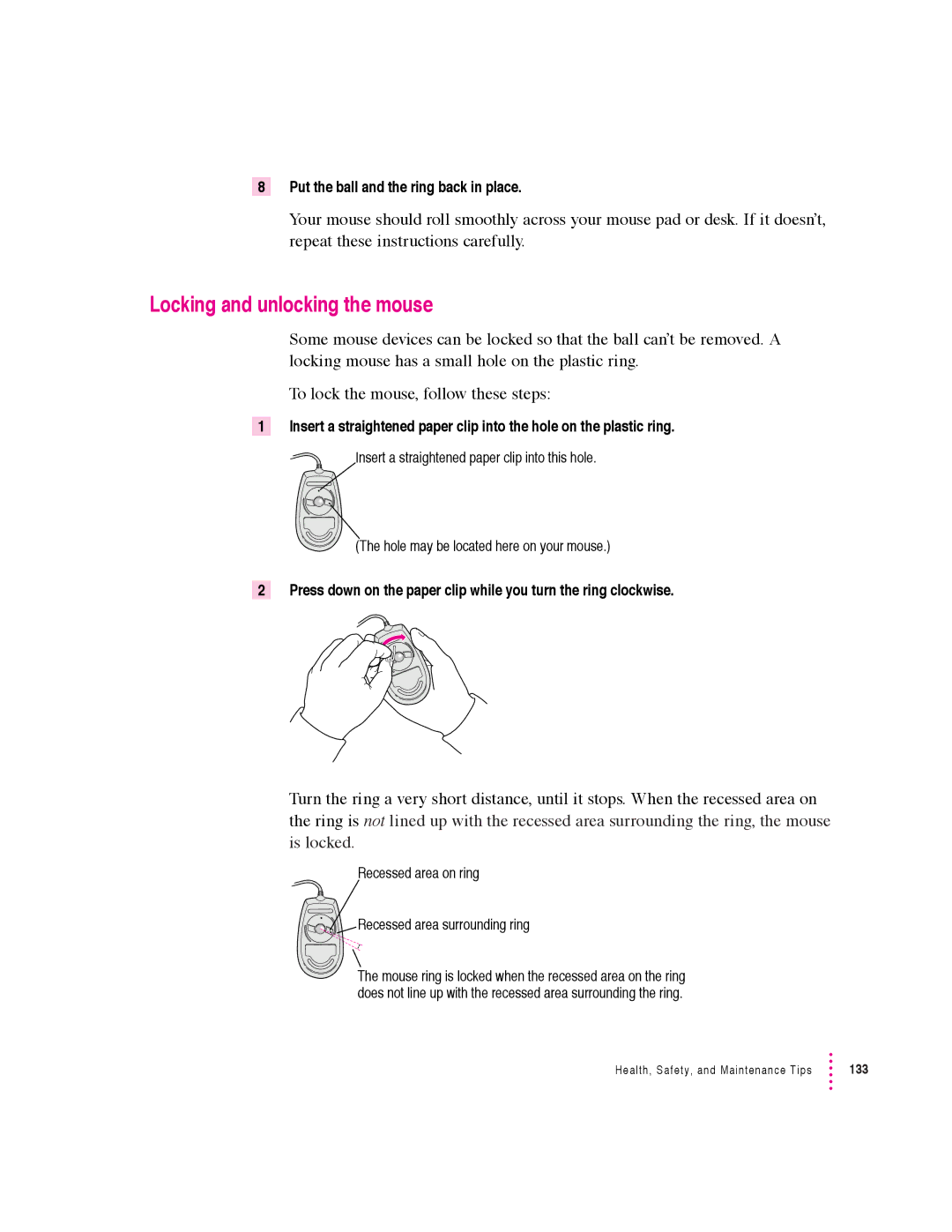 Apple 640 manual Locking and unlocking the mouse, Recessed area on ring Recessed area surrounding ring 