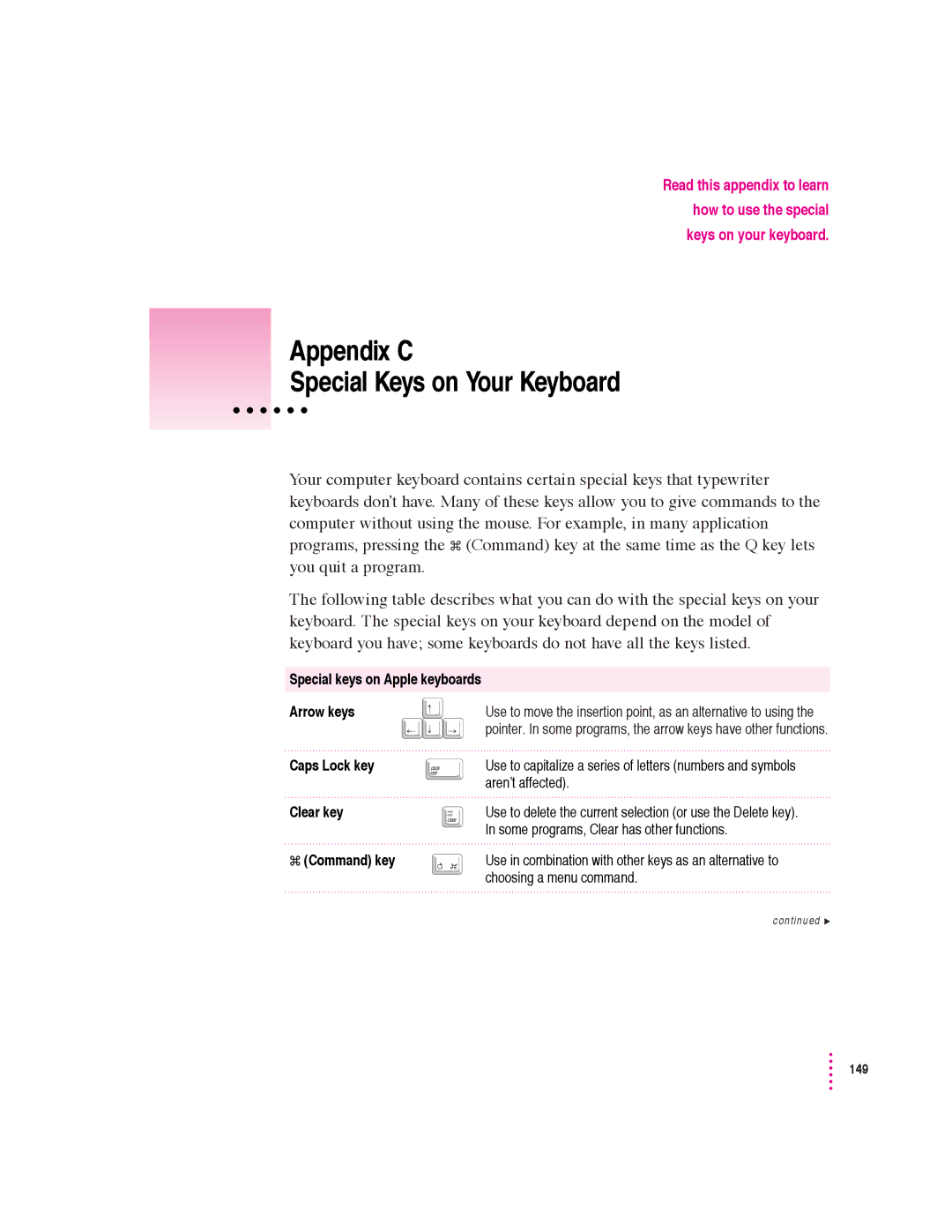 Apple 640 manual Appendix C Special Keys on Your Keyboard 