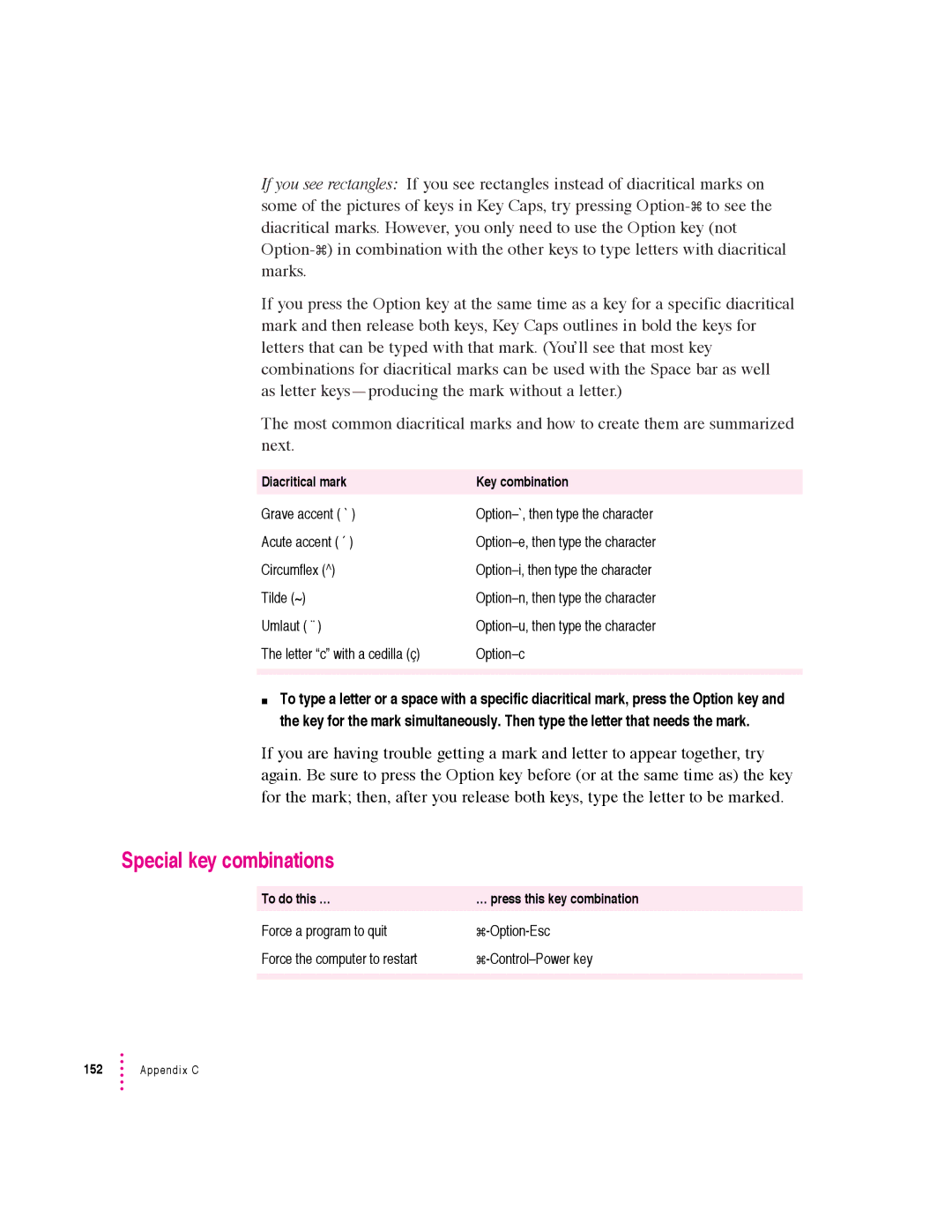 Apple 640 manual Special key combinations 