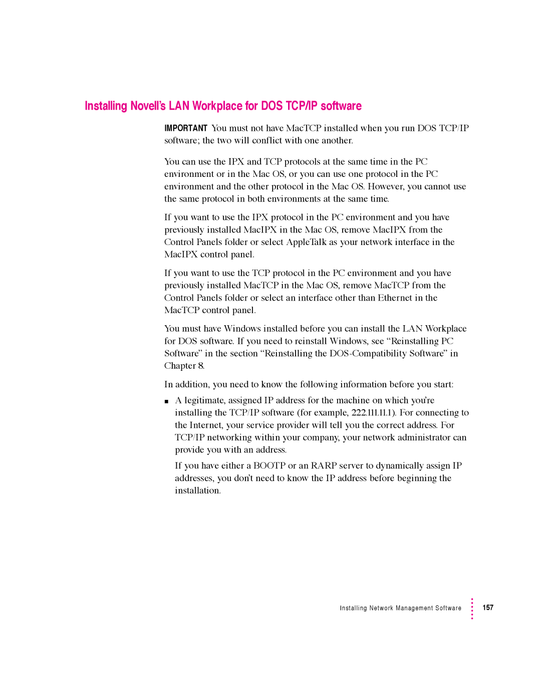 Apple 640 manual Installing Novell’s LAN Workplace for DOS TCP/IP software 