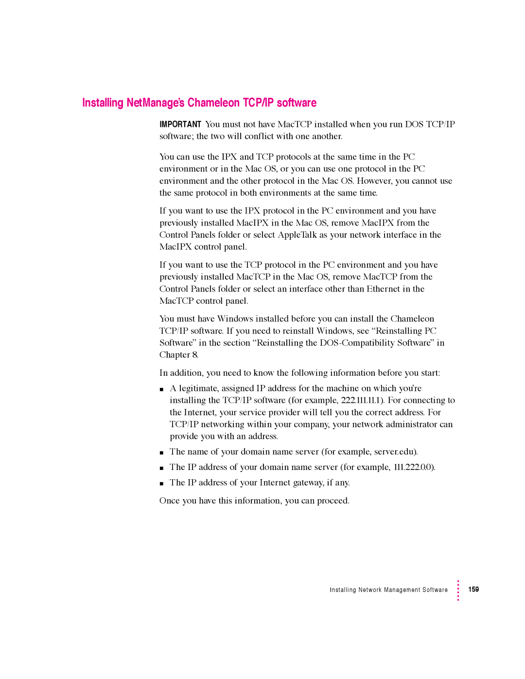 Apple 640 manual Installing NetManage’s Chameleon TCP/IP software 