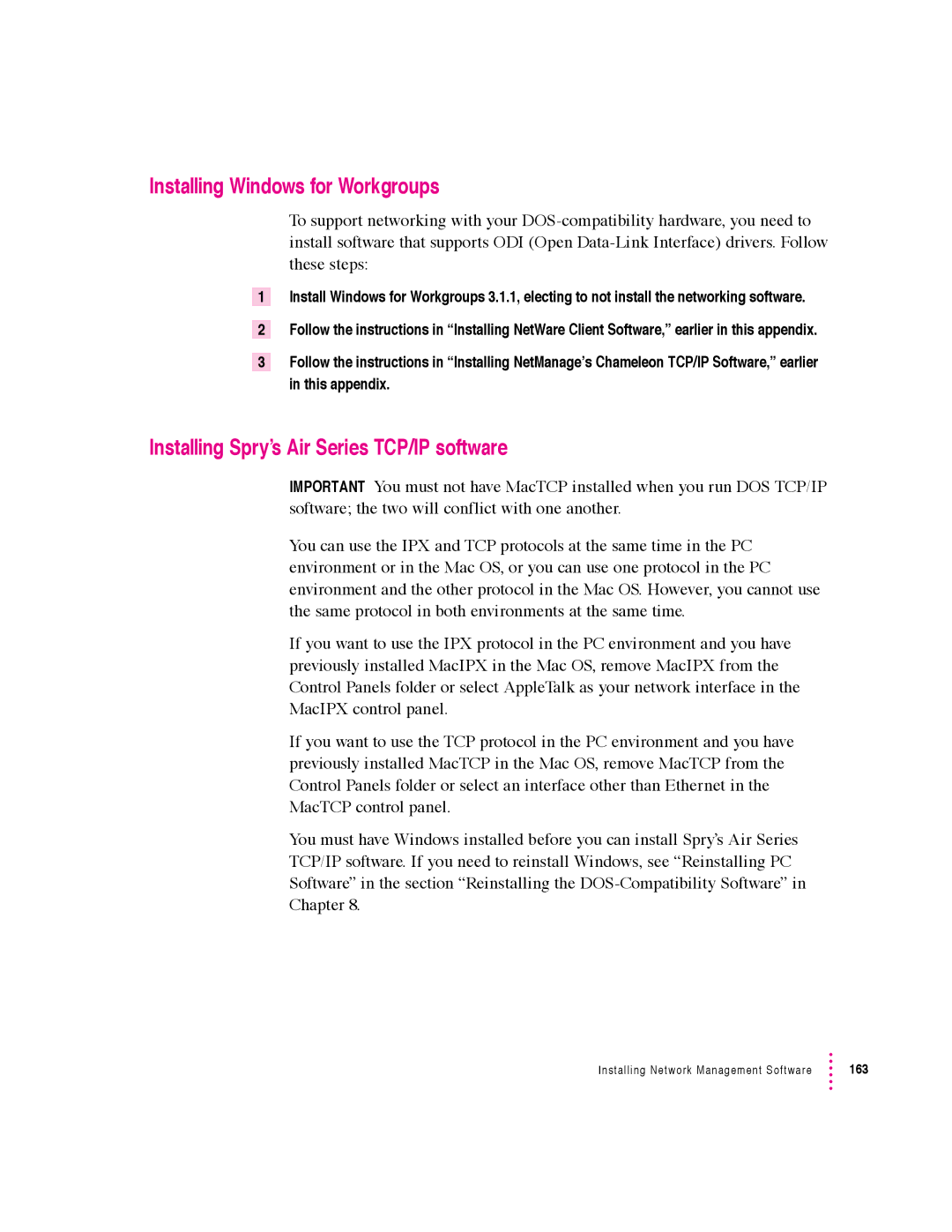 Apple 640 manual Installing Windows for Workgroups, Installing Spry’s Air Series TCP/IP software 