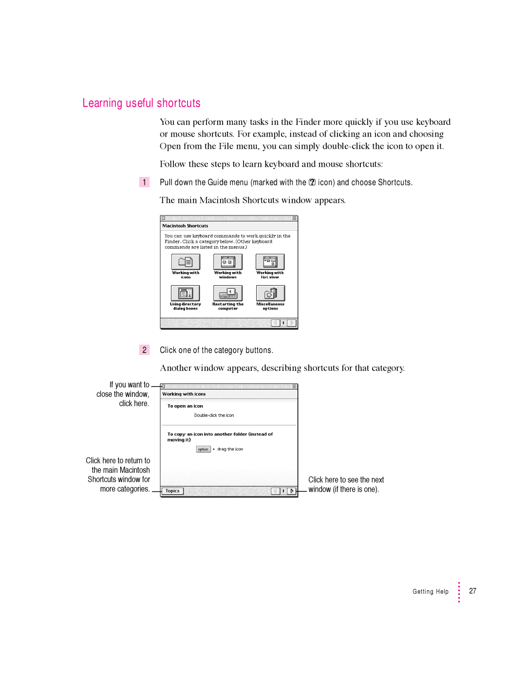 Apple 640 manual Learning useful shortcuts, Main Macintosh Shortcuts window appears 