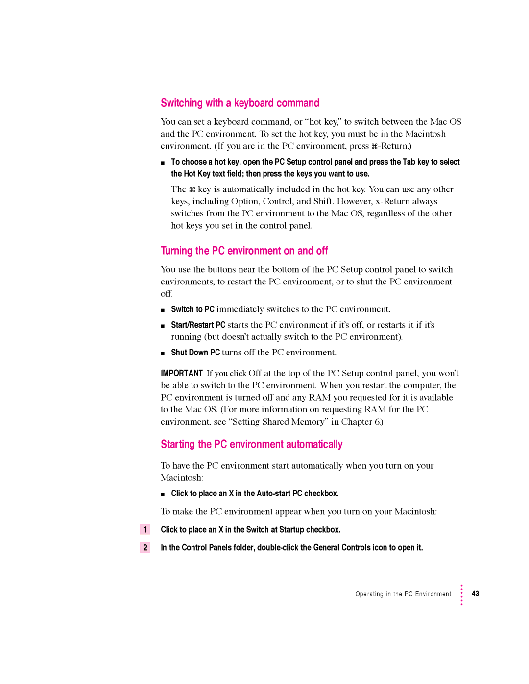 Apple 640 manual Switching with a keyboard command, Turning the PC environment on and off 