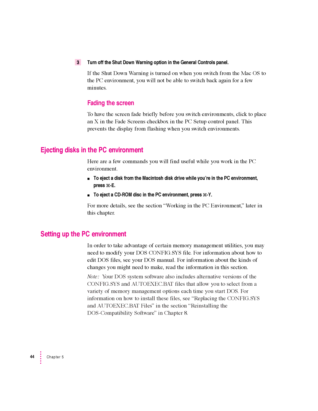 Apple 640 manual Ejecting disks in the PC environment, Setting up the PC environment, Fading the screen 