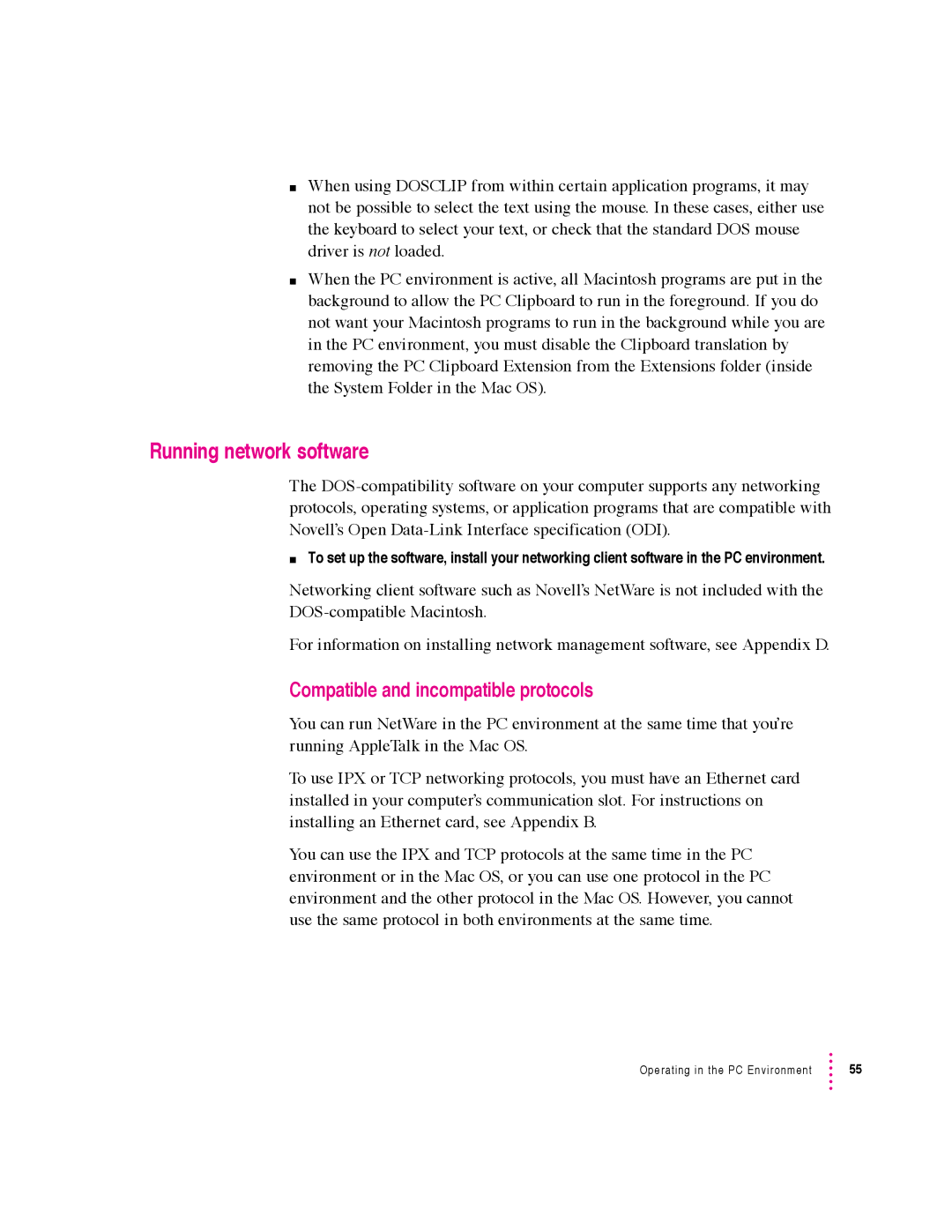 Apple 640 manual Running network software, Compatible and incompatible protocols 