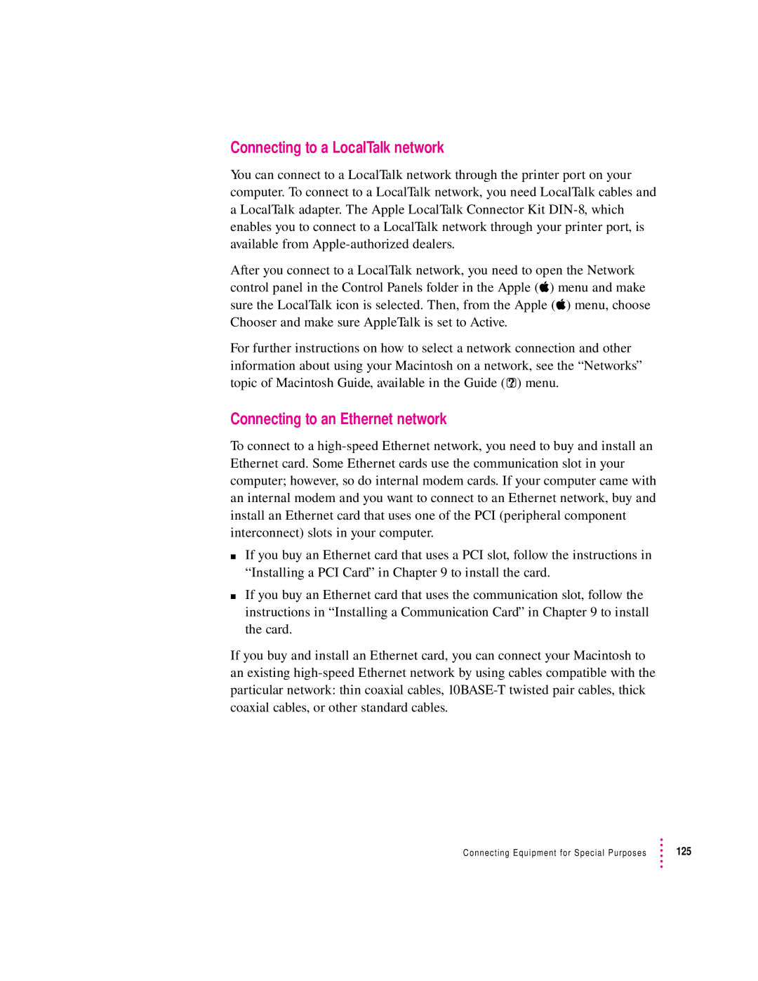 Apple 6400 appendix Connecting to a LocalTalk network, Connecting to an Ethernet network 