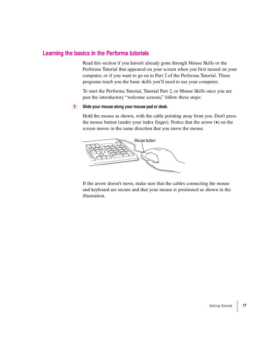 Apple 6400 appendix Learning the basics in the Performa tutorials, Slide your mouse along your mouse pad or desk 