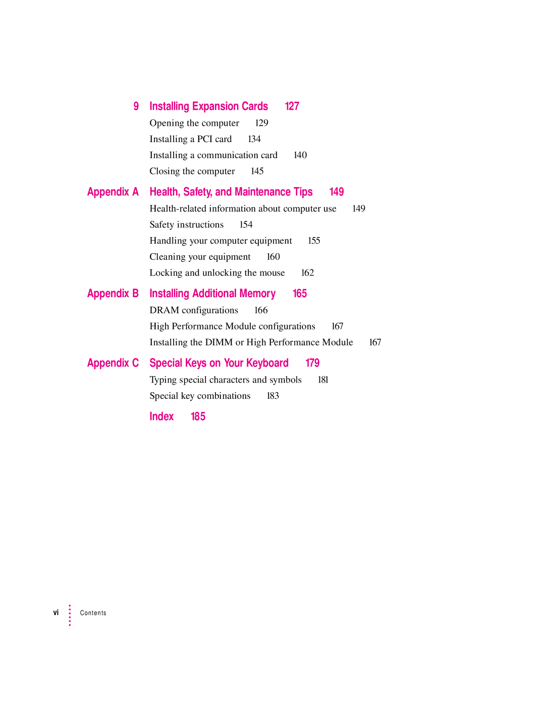 Apple 6400 appendix 127, 149, Appendix B Installing Additional Memory, Index 185 