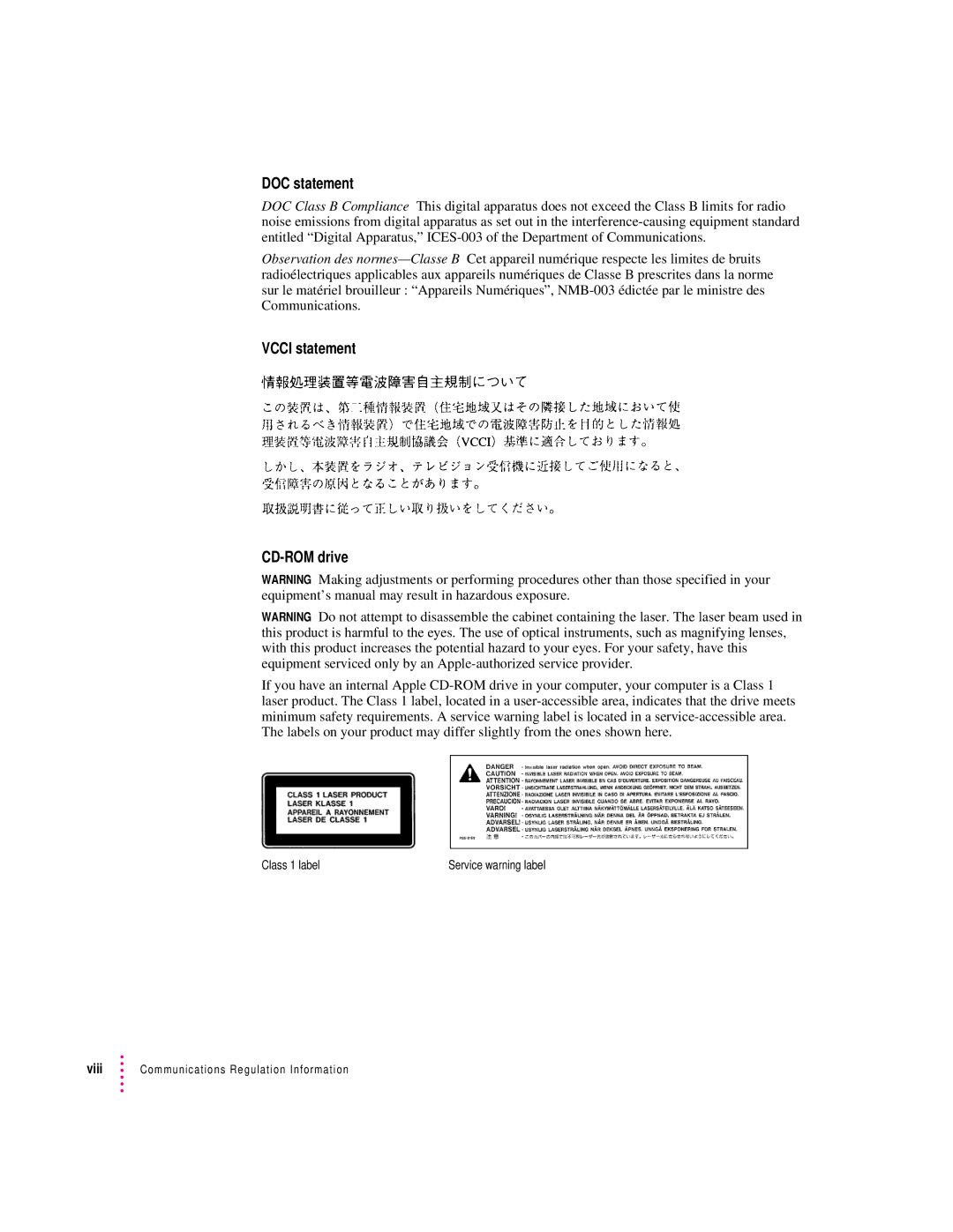 Apple 6400 appendix DOC statement, Vcci statement CD-ROM drive 