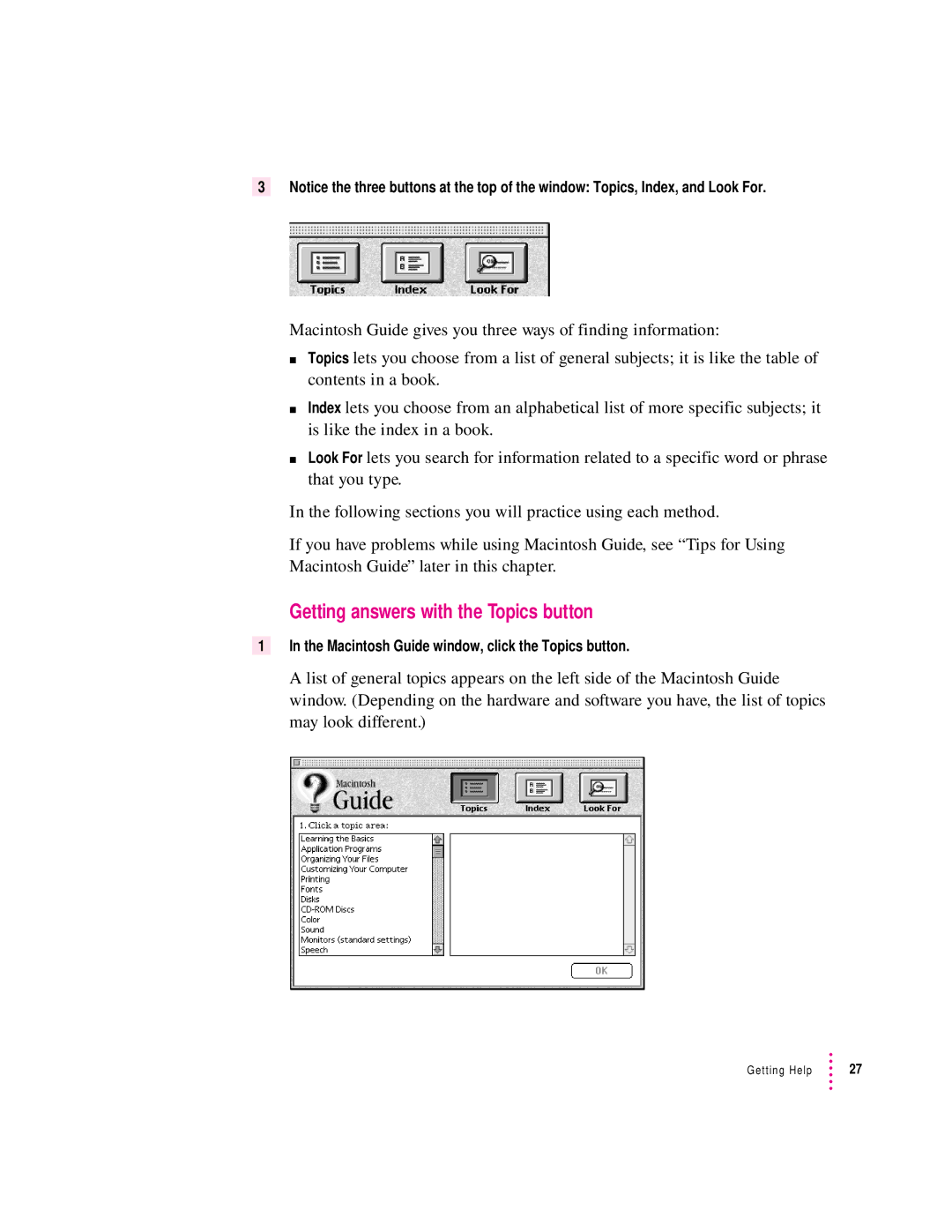 Apple 6400 appendix Getting answers with the Topics button, Macintosh Guide window, click the Topics button 