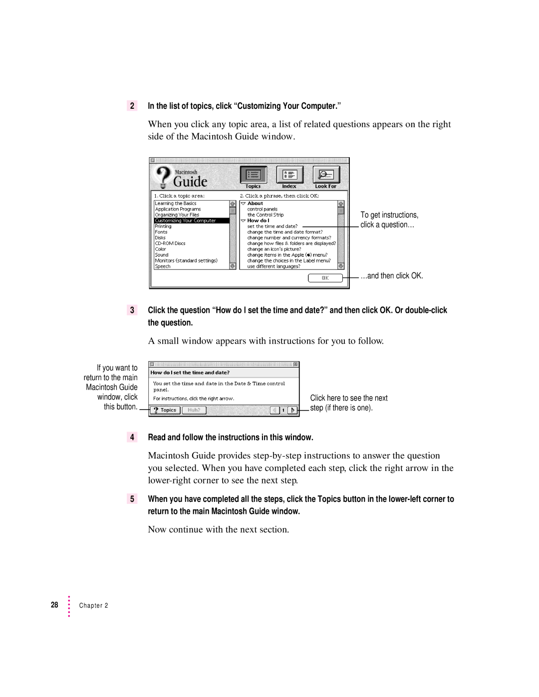 Apple 6400 appendix List of topics, click Customizing Your Computer, Read and follow the instructions in this window 