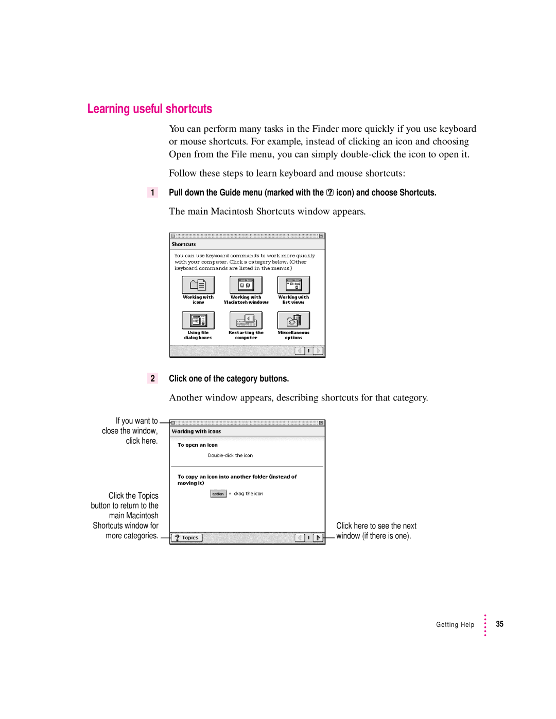 Apple 6400 appendix Learning useful shortcuts, Click one of the category buttons 