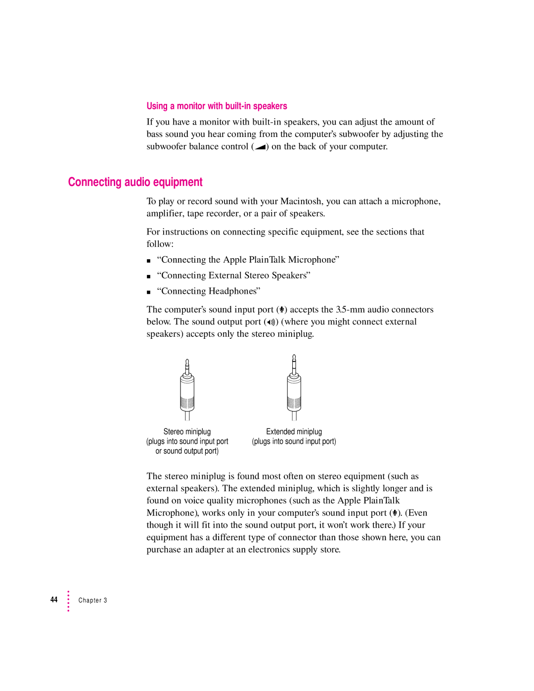 Apple 6400 appendix Connecting audio equipment, Using a monitor with built-in speakers 