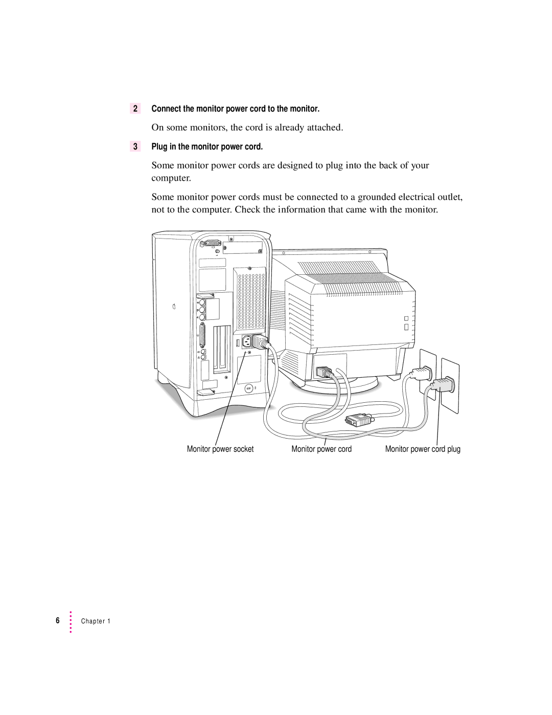 Apple 6400 appendix Connect the monitor power cord to the monitor, Plug in the monitor power cord 