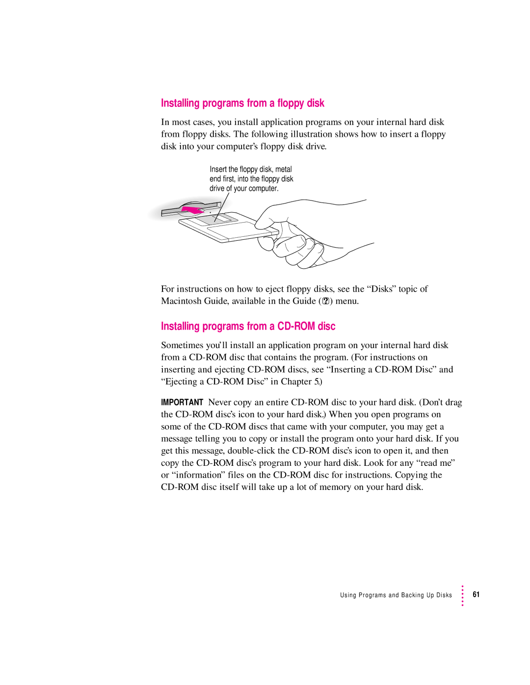 Apple 6400 appendix Installing programs from a floppy disk, Installing programs from a CD-ROM disc 