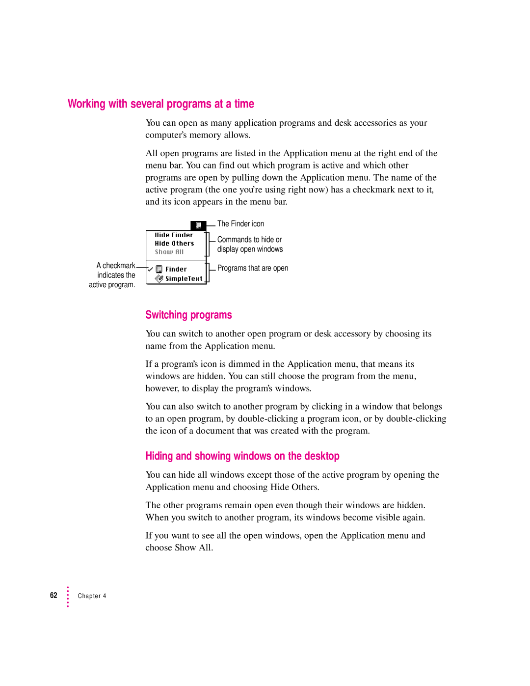 Apple 6400 appendix Working with several programs at a time, Switching programs, Hiding and showing windows on the desktop 