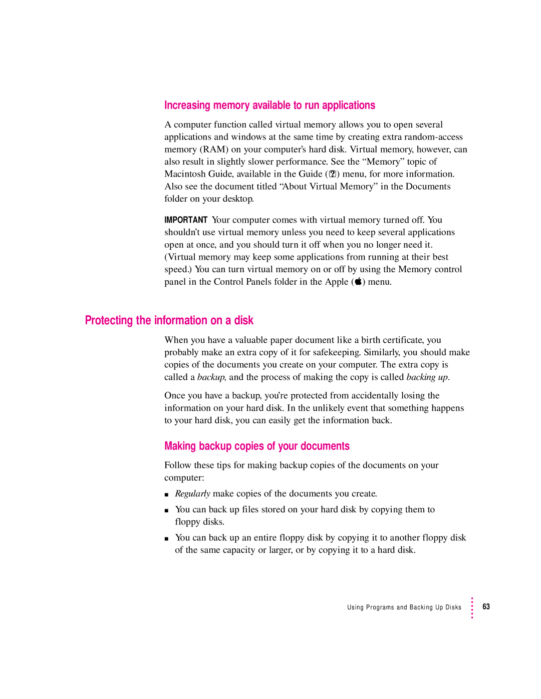 Apple 6400 appendix Protecting the information on a disk, Increasing memory available to run applications 