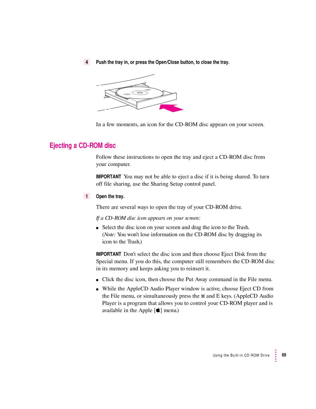 Apple 6400 appendix Ejecting a CD-ROM disc, Open the tray 