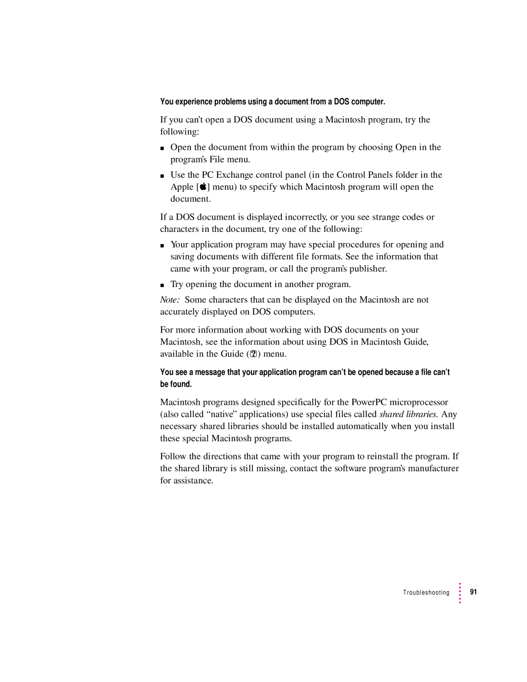 Apple 6400 appendix You experience problems using a document from a DOS computer 