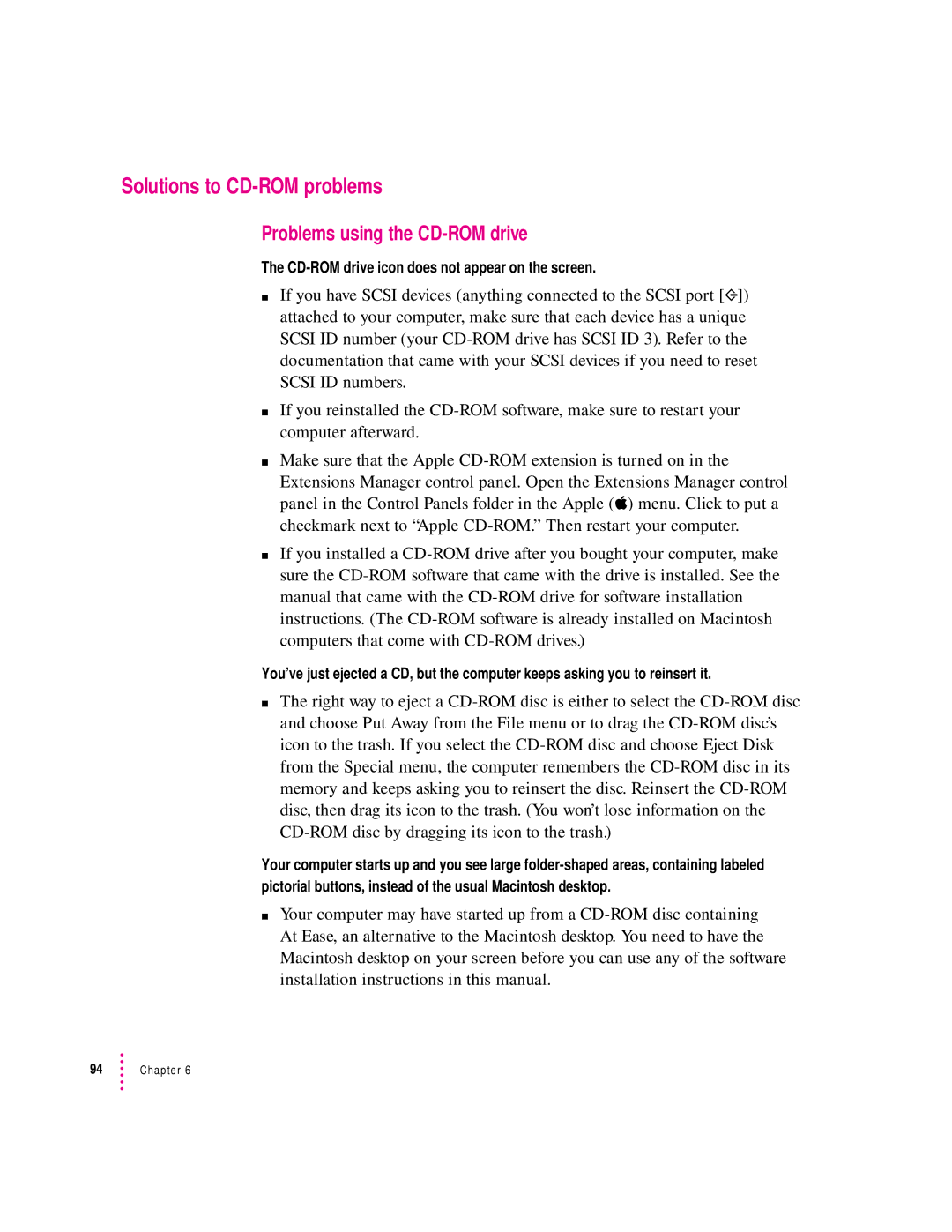 Apple 6400 Solutions to CD-ROM problems, Problems using the CD-ROM drive, CD-ROM drive icon does not appear on the screen 