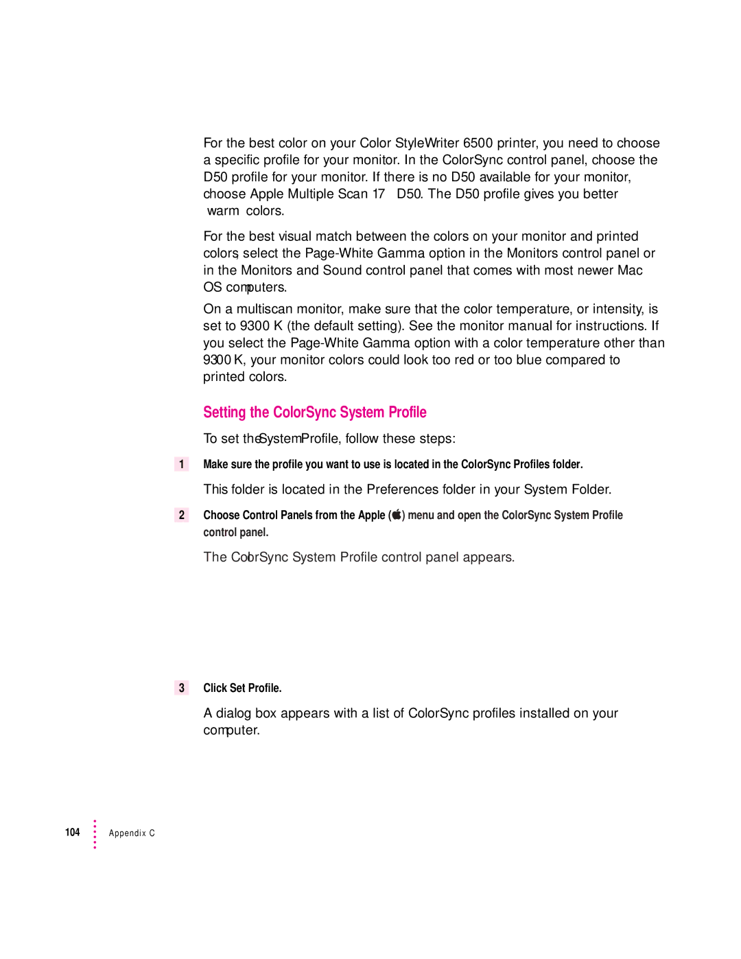 Apple 6500 manual Setting the ColorSync System Profile, ColorSync System Profile control panel appears 