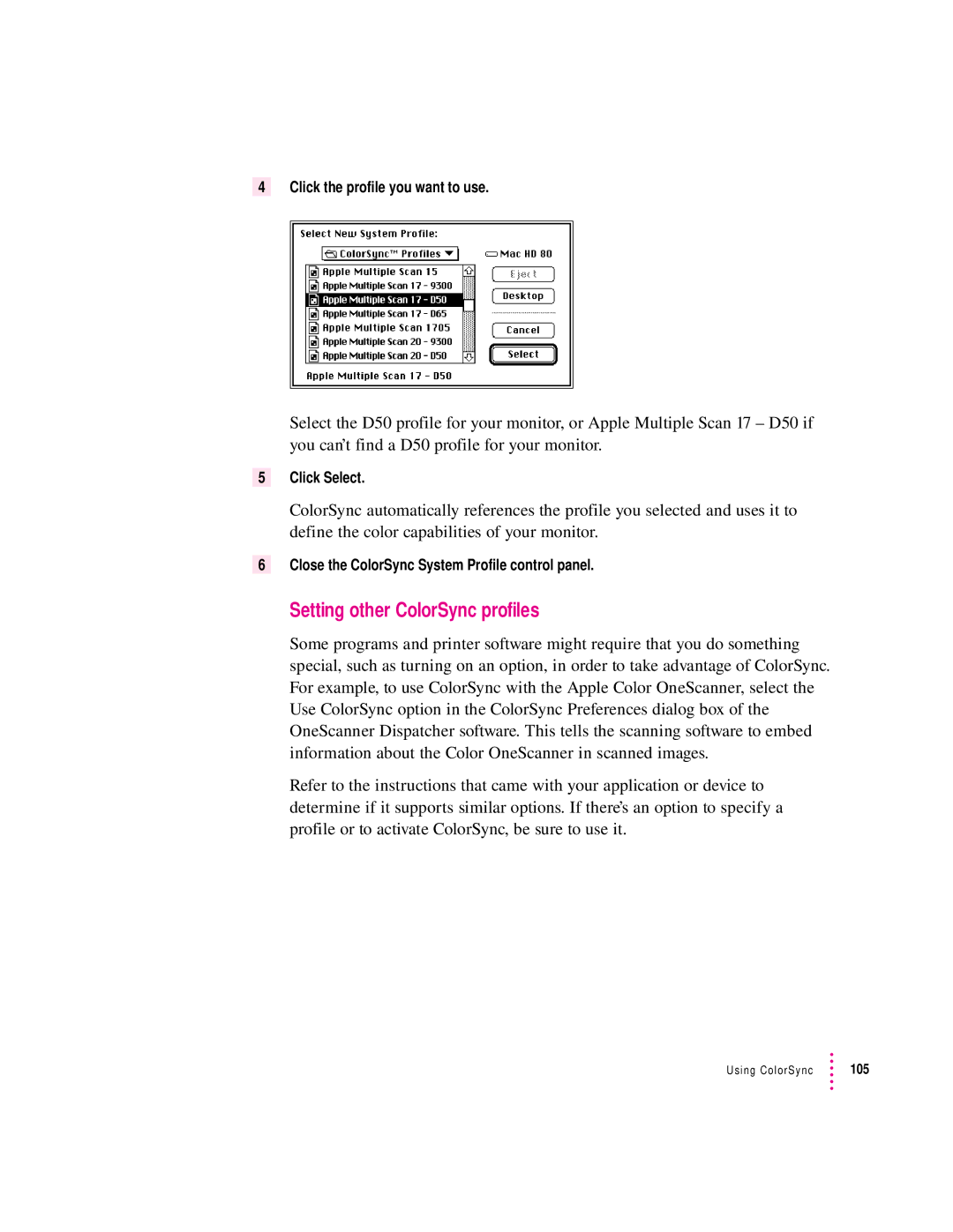 Apple 6500 manual Setting other ColorSync profiles 