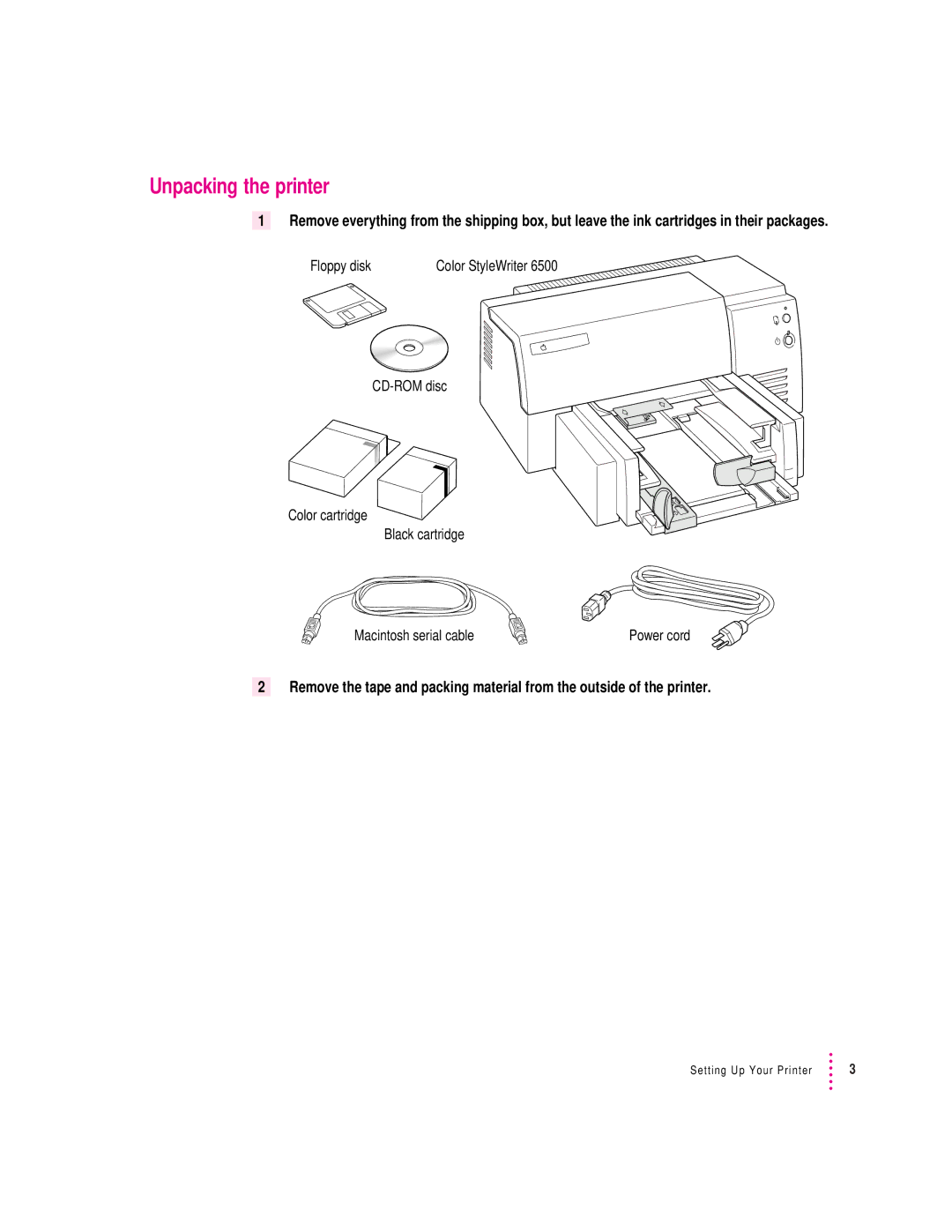 Apple 6500 manual Unpacking the printer 