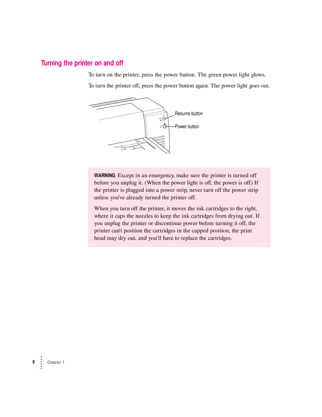 Apple 6500 manual Turning the printer on and off 