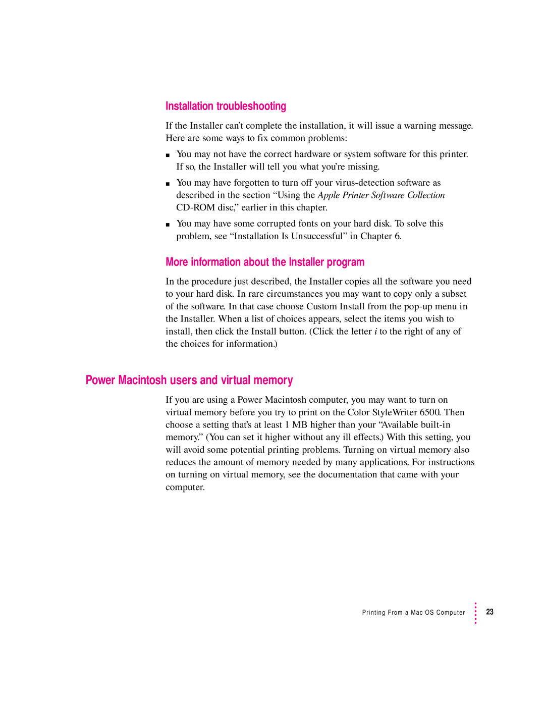 Apple 6500 manual Power Macintosh users and virtual memory, Installation troubleshooting 